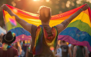 Person holding an LGBTQ+ Pride flag.