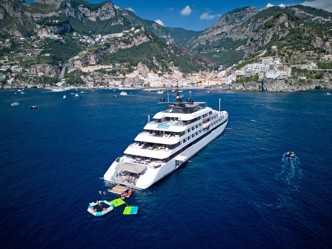 Aerial view of the Emerald Sakara superyacht on the Amalfi Coast. Amalfi coast, scenic group, emerald cruises, emerald sakara, superyachts, yacht cruising