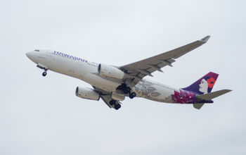 Hawaiian Airlines Airbus A330 taking off from Texas' Austin-Bergstrom International Airport.