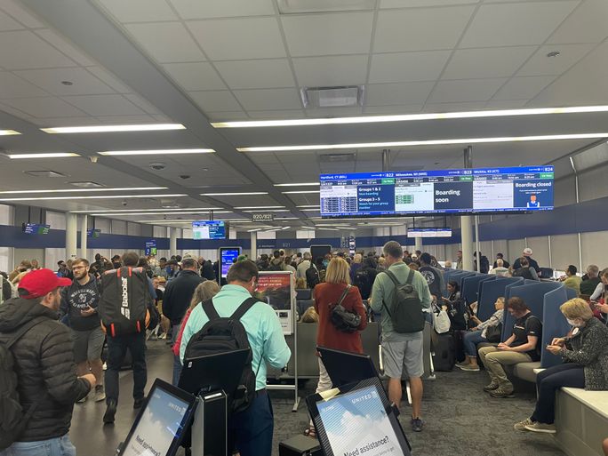 Busy boarding gates at Chicago's O'Hare International Airport.