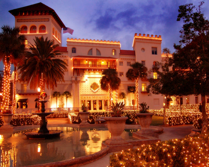 Exterior of the Casa Monica Hotel & Spa during Night of Lights in St. Augustine, Florida. St. Augustine, St. Augustine Florida, Casa Monica, Casa Monica Hotel & Spa, St. Augustine in Winter