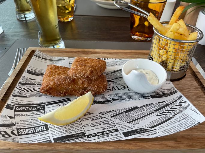 Fish and chips for lunch in the Riverview Kitchen on Riviera Radiance Fish and chips for lunch in the Riverview Kitchen on Riviera Radiance