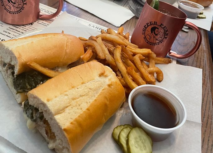 Hot roasted pork sandwich at Copper Penny Copper Penny, Wilmington, North Carolina, sandwich, food