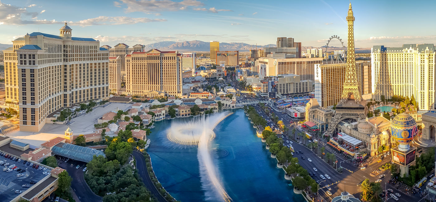 Image: View of the Bellagio Fountains and The Strip in Las Vegas (Photo Credit: Courtesy AdobeStock)