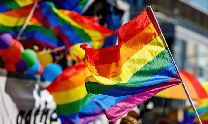 LGBTQI+ flag being waved at a pride parade.