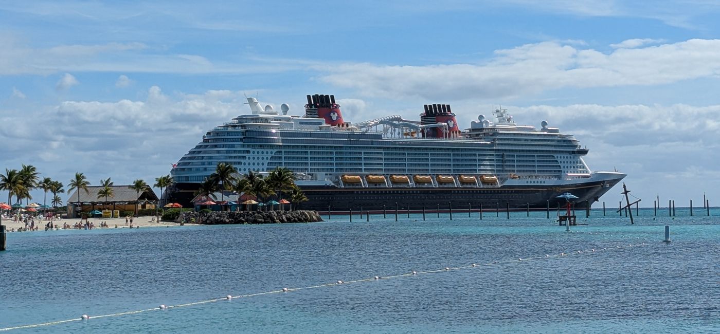 Photo: Disney Destiny cruise ship docked at Castaway Cay (Photo Credit: Eric Bowman)