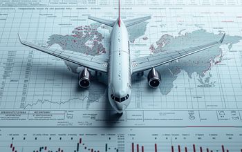 Model airplane sitting atop global economic charts.