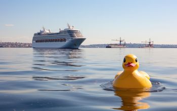 Rubber duck on the water with a cruise ship.