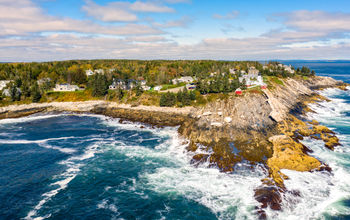 Aerial view of Pemaquid Point Light in Bristol, Maine