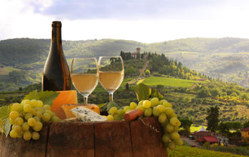 Wine, grapes and cheese at a vineyard in Chianti, Tuscany, Italy.