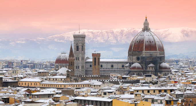 The view of Florence in winter, with the Cathedral of Santa Maria del Fiore. Florence, Tuscany, cathedral of santa maria del fiore, tuscany churches, tuscany in winter, florence in winter, italy in winter